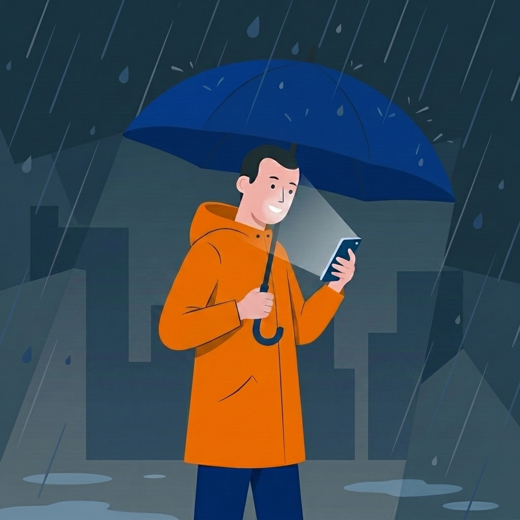 Ilustração de pessoa registrando chuva em um painel digital